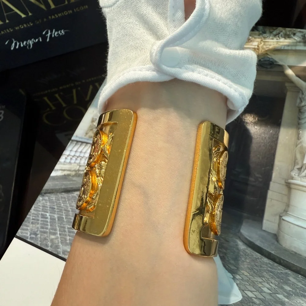 LOT 2230 24K gold plated CHANEL Gold Medallion Cuff Bracelet